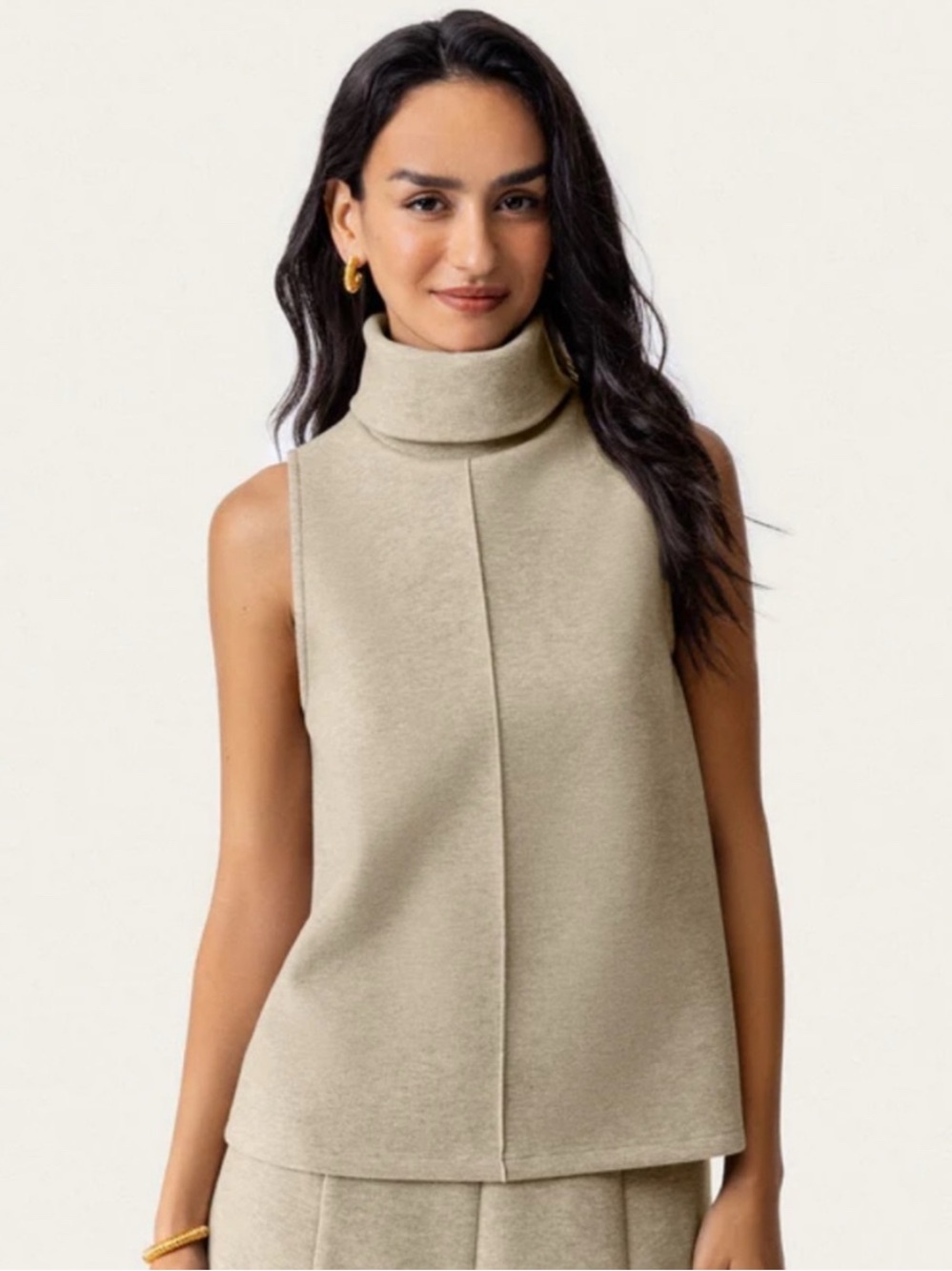OGL Move FuzzLuxe Cream Tan Sleeveless Scuba Turtleneck Top, Size Medium
